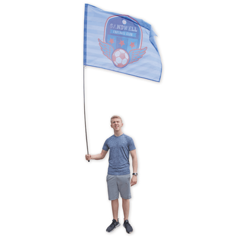 a man holding a Festival Flag